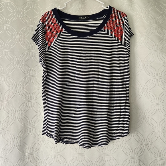 ecla Tops - Navy & White Striped Tee with Red Floral Shoulder Accent